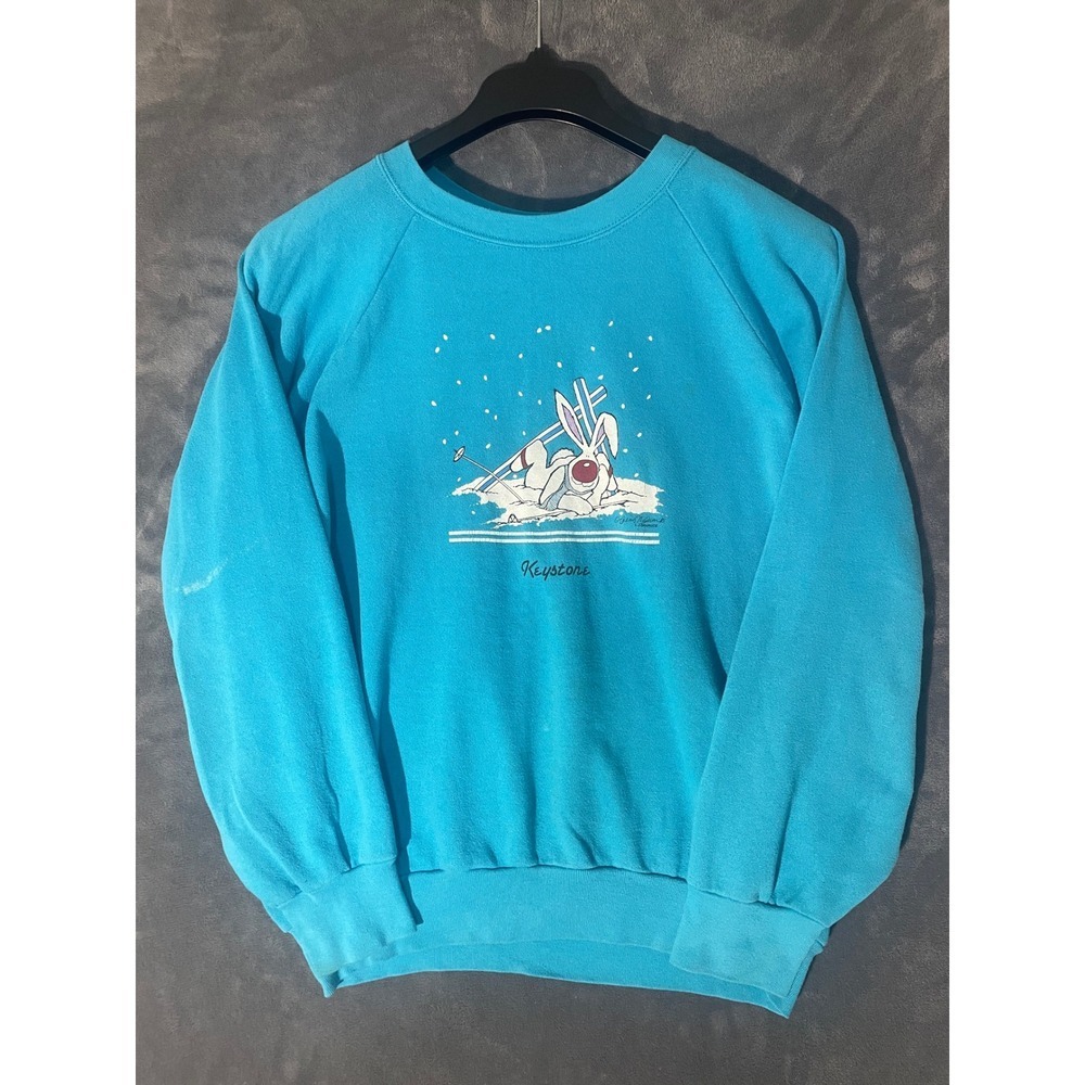 Vintage Miller Keystone Skiing Rabbit Sweatshirt XL Turquoise Blue Made in USA